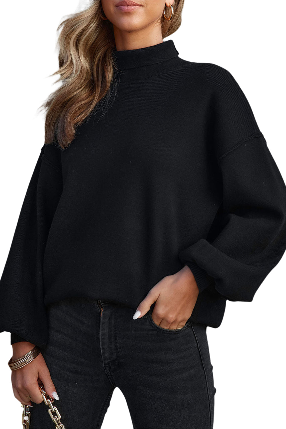 Turtleneck Drop Shoulder Bubble Sleeve Knit Sweater | Black