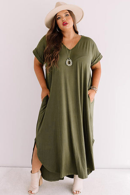 Plus Size V Neck Rolled Cuffs Maxi Dress | Green