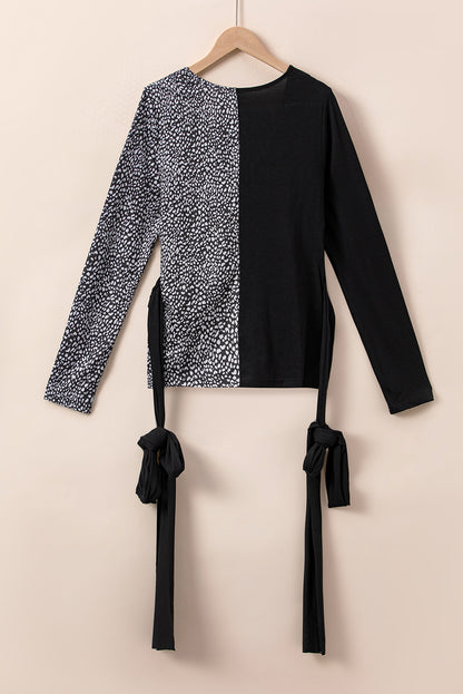 Contrast Printed Tie Side Wrapped Long Sleeve Top | Black