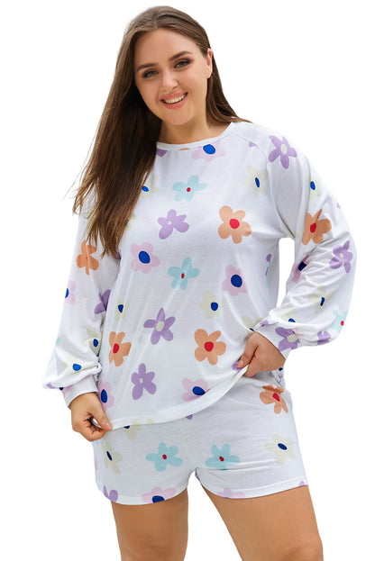 Plus Size Flower Print Raglan Pullover And Shorts Outfit | White