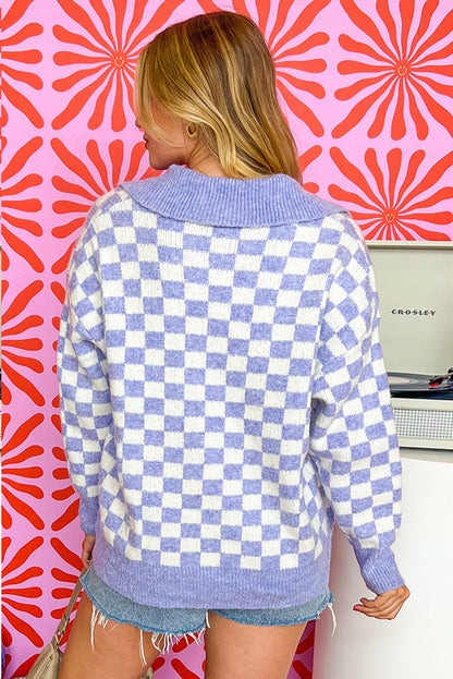 Checkered Collared Buttons Plus Size Sweater | Purple