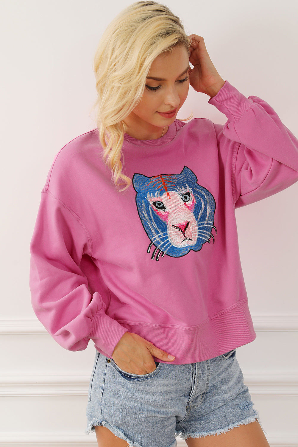 Chic Tiger Embroidered Casual Sweatshirt | Rose