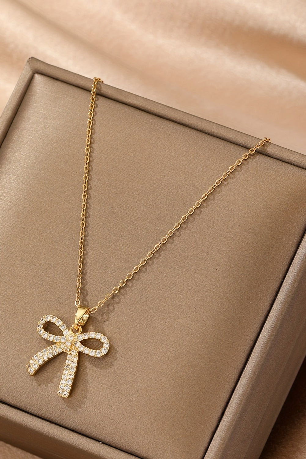 Plated Rhinestone Bowknot Pendant Necklace | Gold