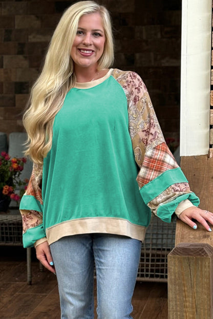 Plus Size Plaid Floral Patchwork Raglan Sleeve Sweatshirt | Sky Blue