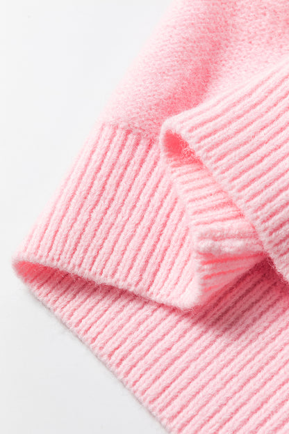 Knitted Flower Pattern Ribbed Edge Sweater | Pink