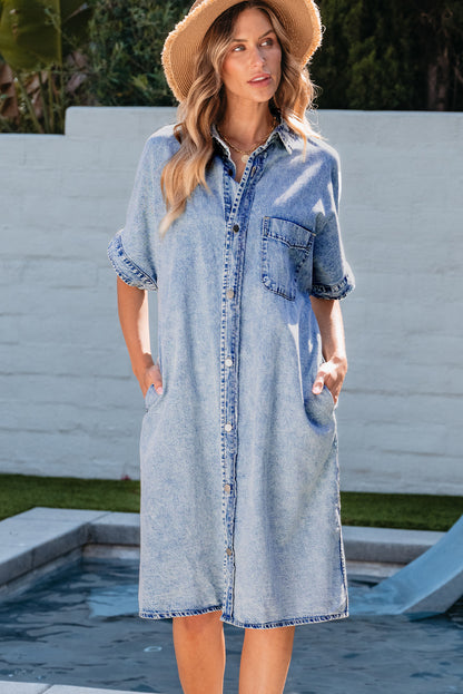 Loose Medium Wash Short Sleeve Shirt Chambray Dress | Light Blue