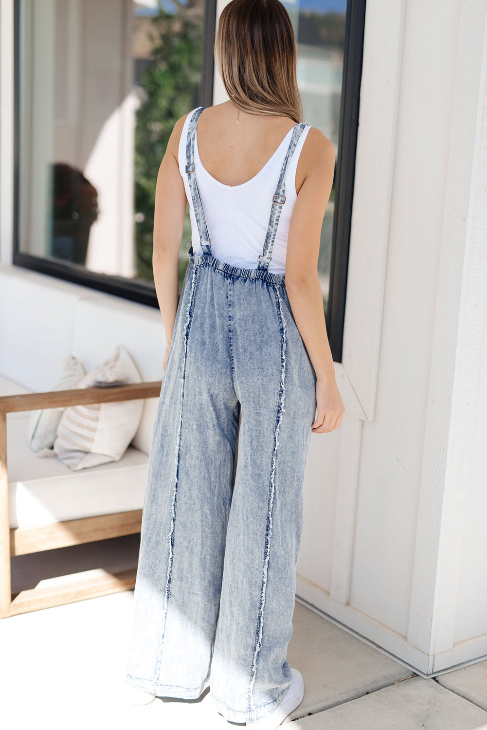 Light Wash Frayed Exposed Seam Wide Leg Denim Overall | Beau Blue