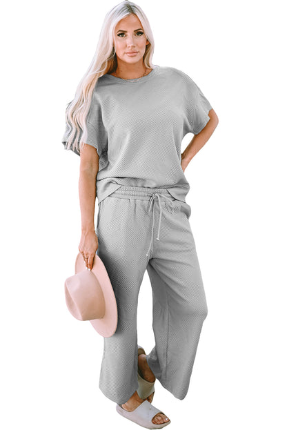 Textured Loose Fit T Shirt And Drawstring Pants Set | Gray