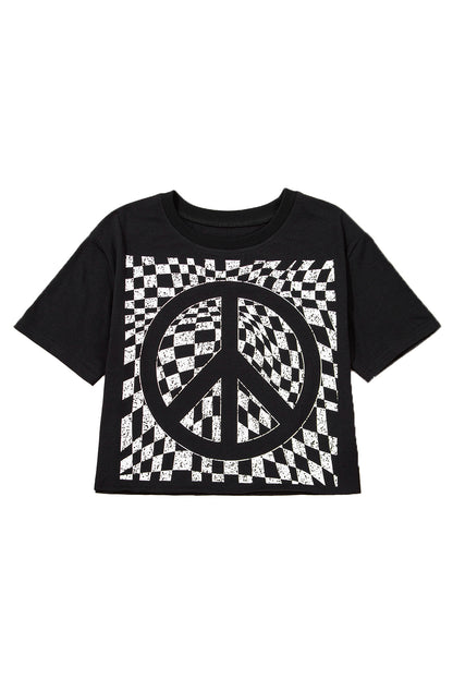 Checkerboard Peace Sign Printed Round Neck T Shirt | Black