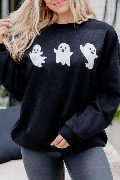 Halloween Ghosts Print Round Neck Sweatshirt | Black