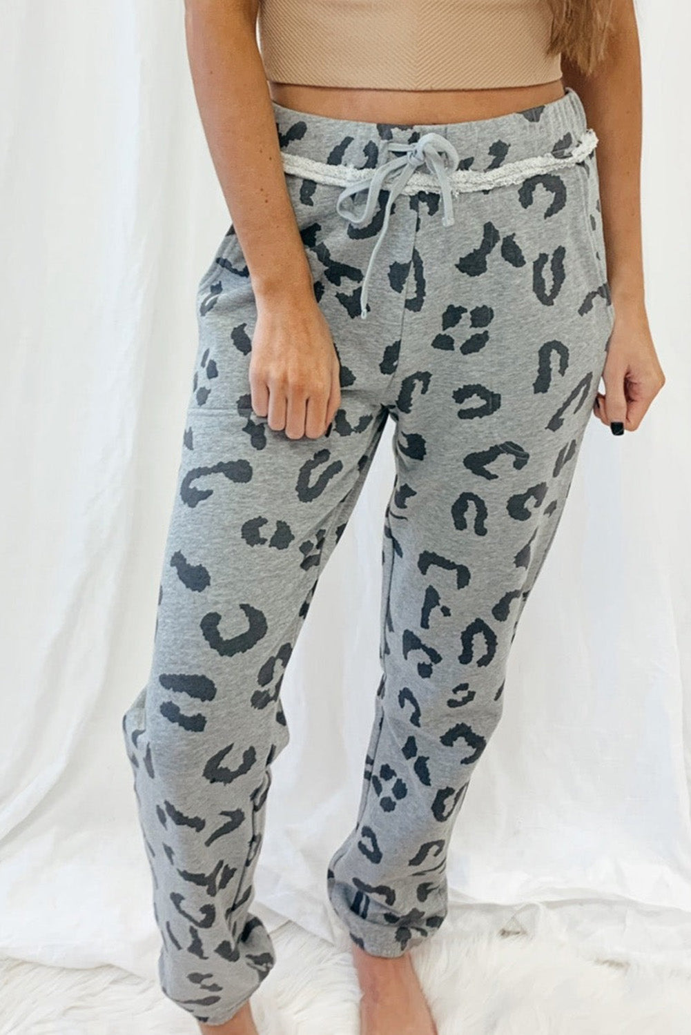 Leopard Print Drawstring High Waist Jogger Pants | Gray