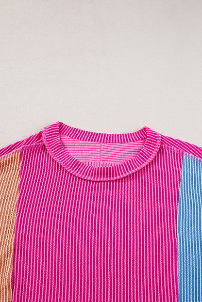 Textured Colourblock Crew Neck T Shirt | Rose Red