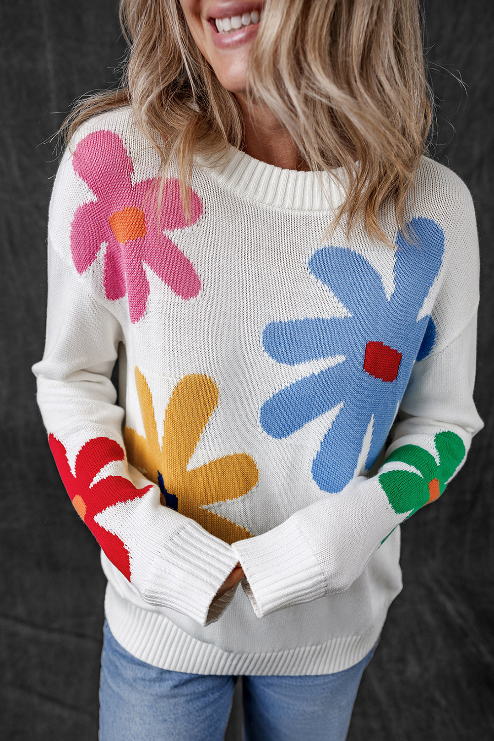 Colourful Big Flower Pattern Crewneck Sweater | White