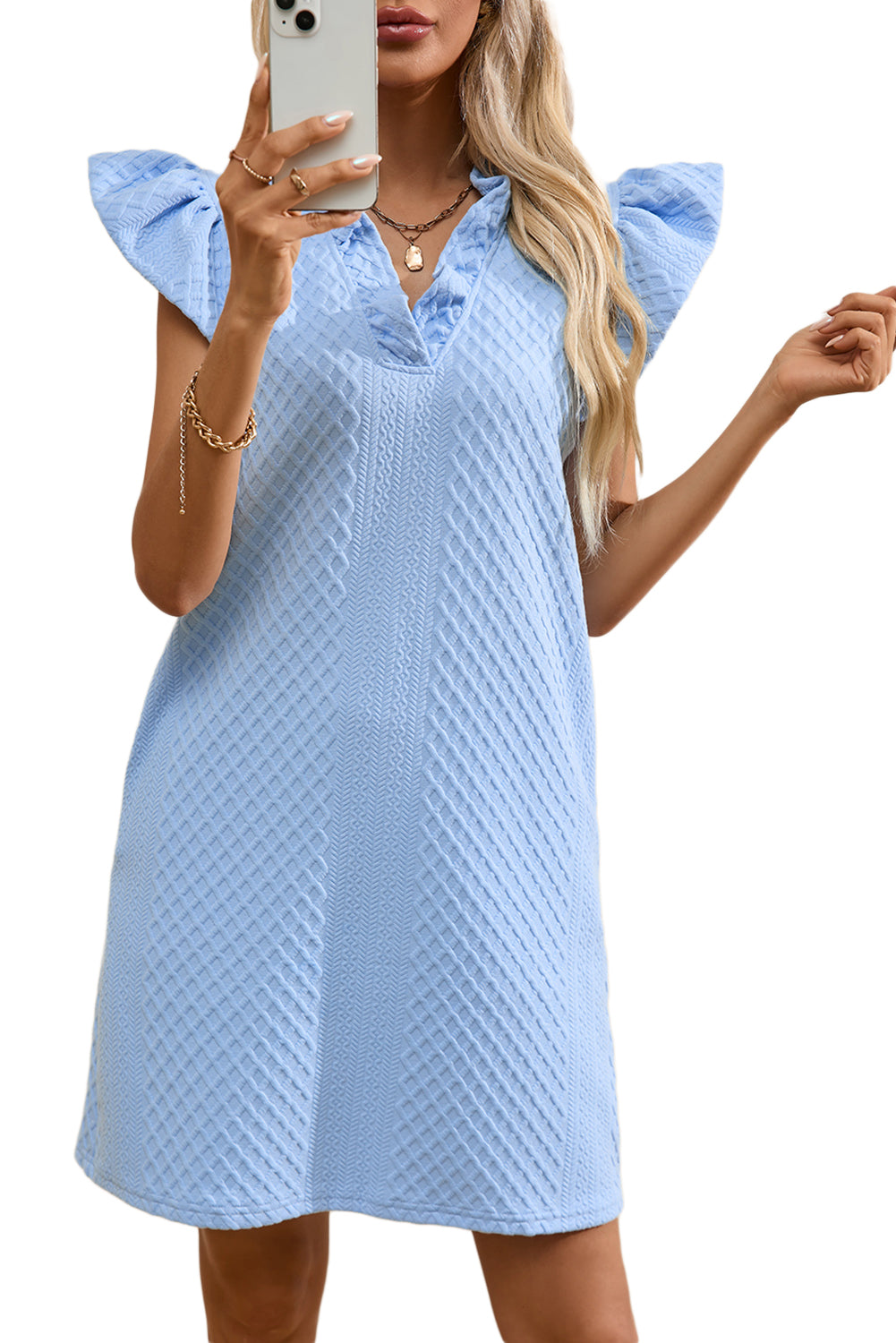 Textured Puff Sleeve Ruffled V Neck Shift Mini Dress | Light Blue