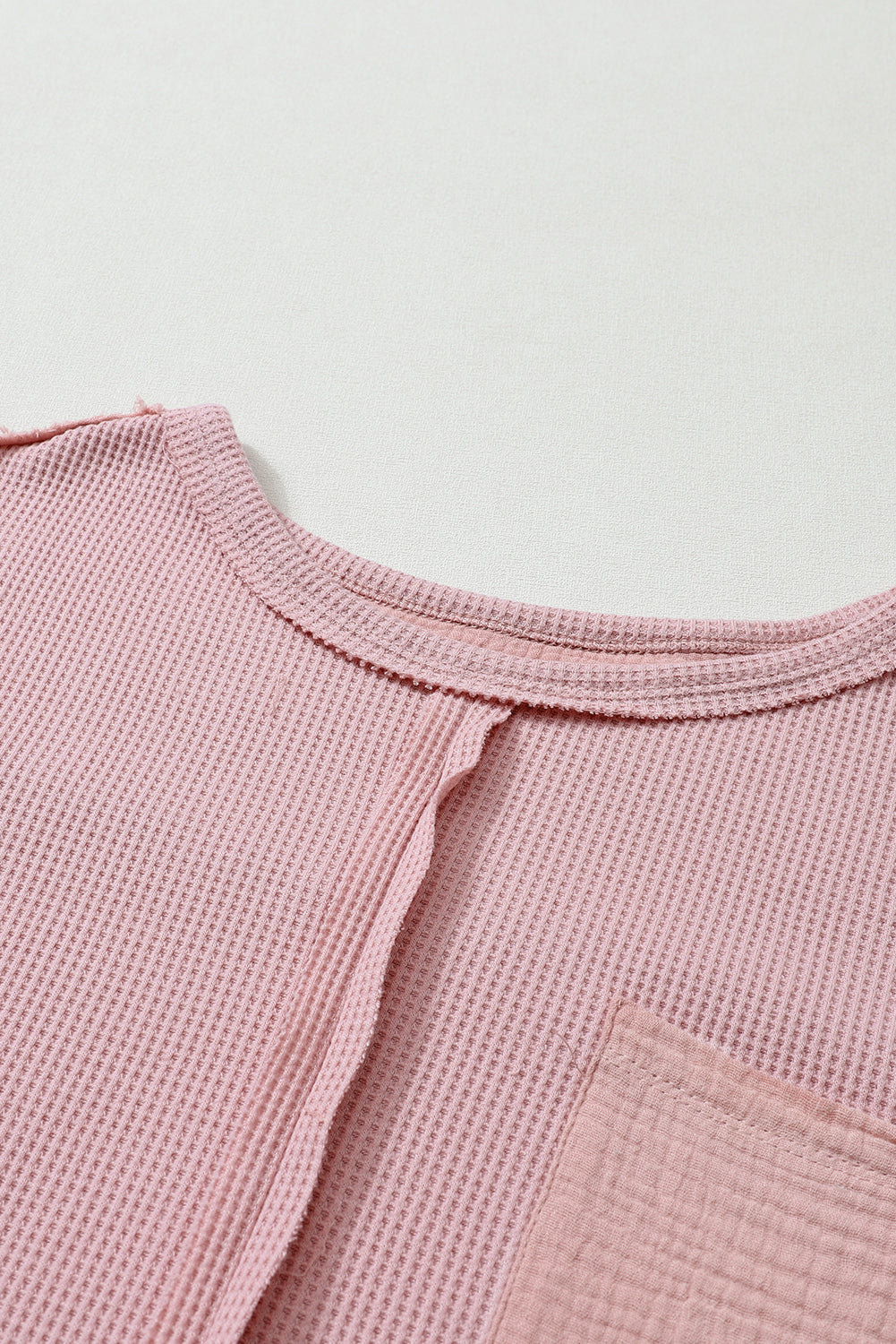 Exposed Seam Patchwork Bubble Sleeve Waffle Knit Top | Pink