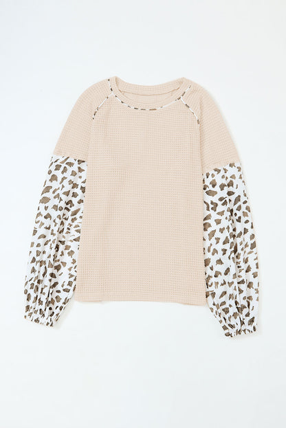 Leopard Print Patchwork Lantern Sleeve Waffle Knit Top | Apricot