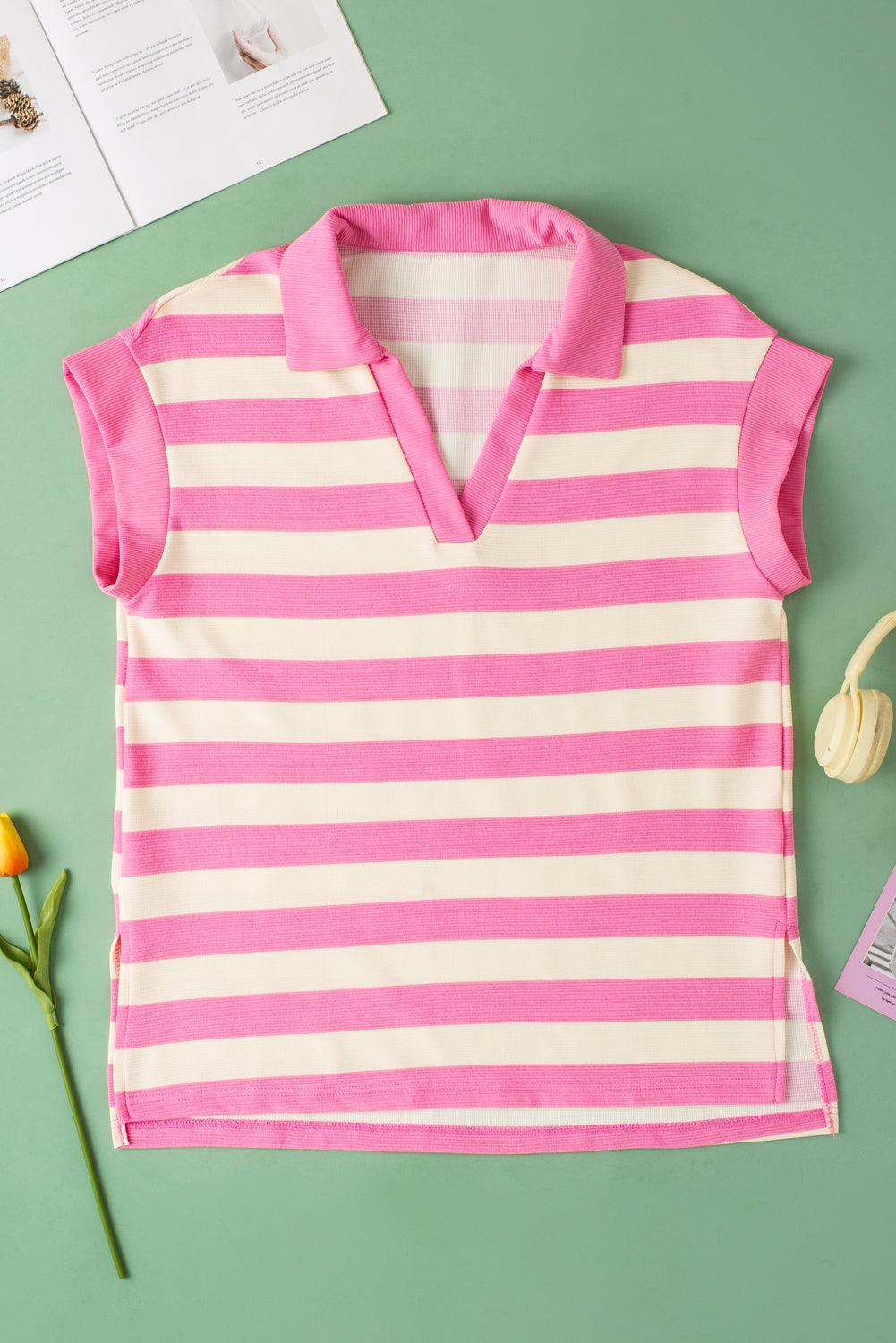 V Neck Collared Cap Sleeve Top | Pink Stripe