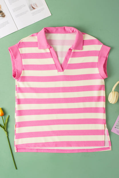 V Neck Collared Cap Sleeve Top | Pink Stripe