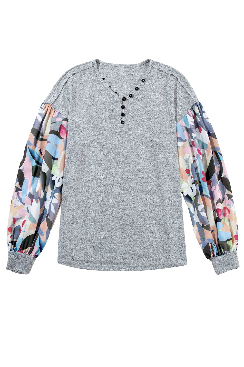 Floral Lantern Sleeve Patchwork Buttoned V Neck Top | Gray