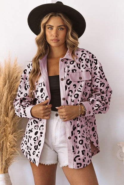 Collared Neckline Flap Pockets Leopard Corduroy Jacket | Pink