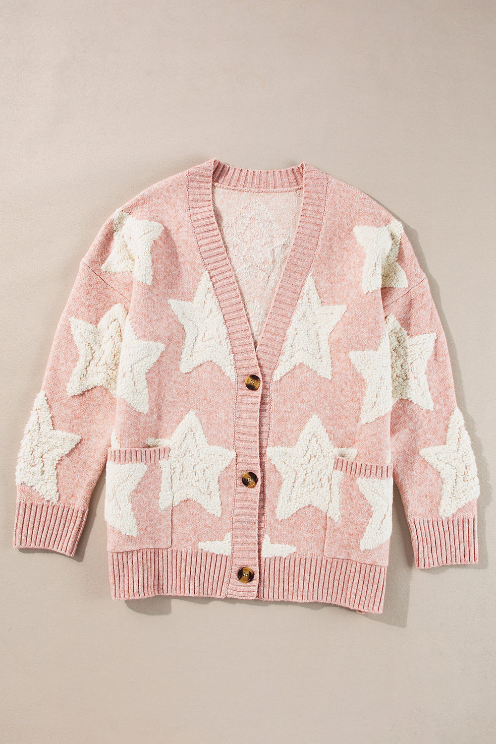 Sherpa Star Pattern Textured Sweater Cardigan With Pockets | Pink