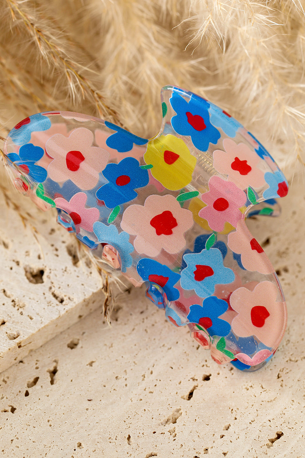 Vibrant Flower Print Transparent Pvc Hair Clip | Light Blue