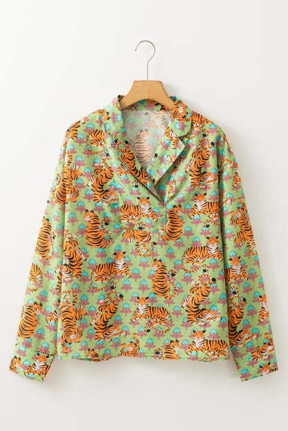 Tiger Floral Printed Collared V Neck Casual Shirt | Green