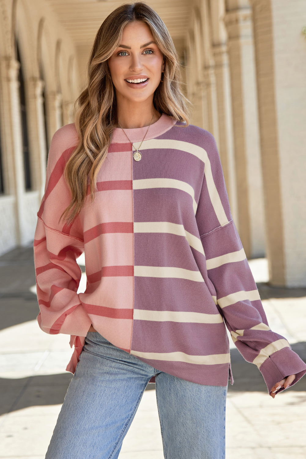 Colourblock Oversized Sweater | Pink Stripe