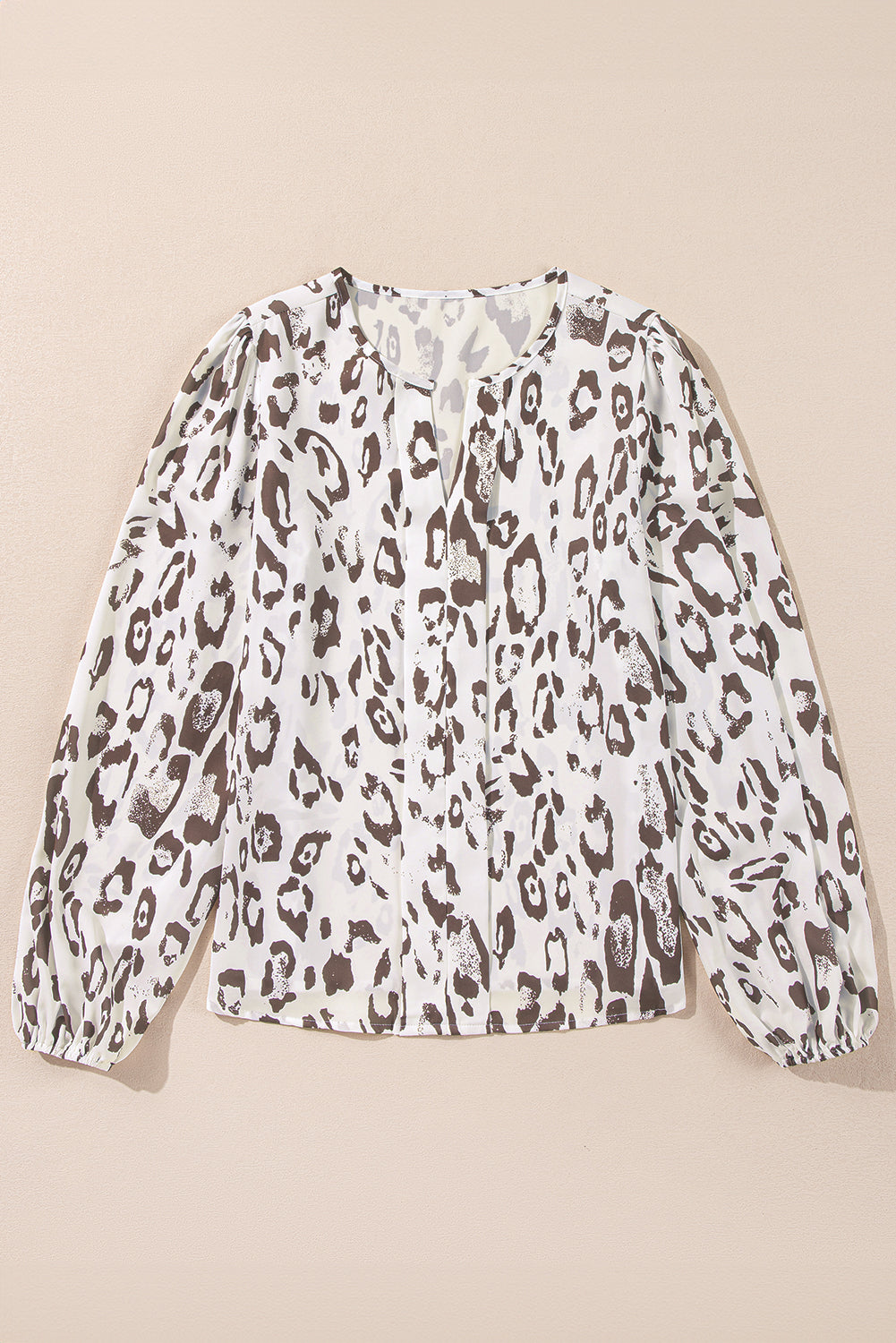 Leopard Print Split Neck Balloon Sleeve Blouse | Khaki