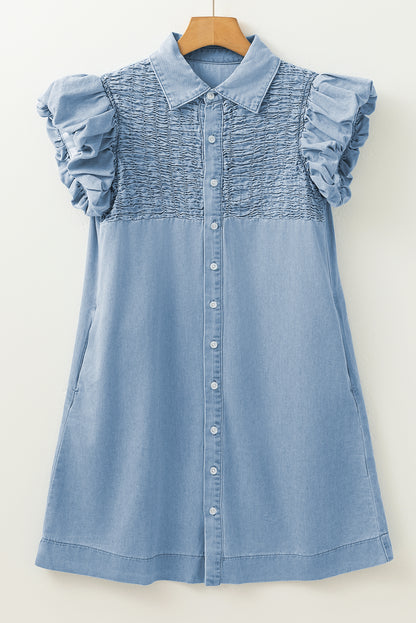 Flutter Sleeve Shirred Detail Button Up Denim Mini Dress | Beau Blue