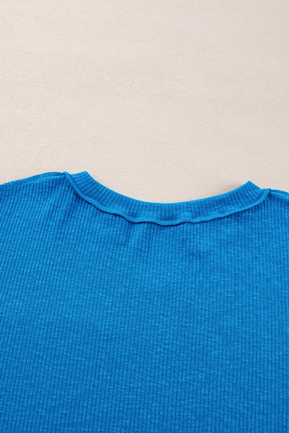 Ribbed Exposed Seam Knit V Neck Long Sleeve Top | Blue