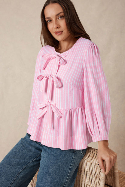 Bowknot Front Crew Neck Puff Sleeve Blouse | Pink Stripe