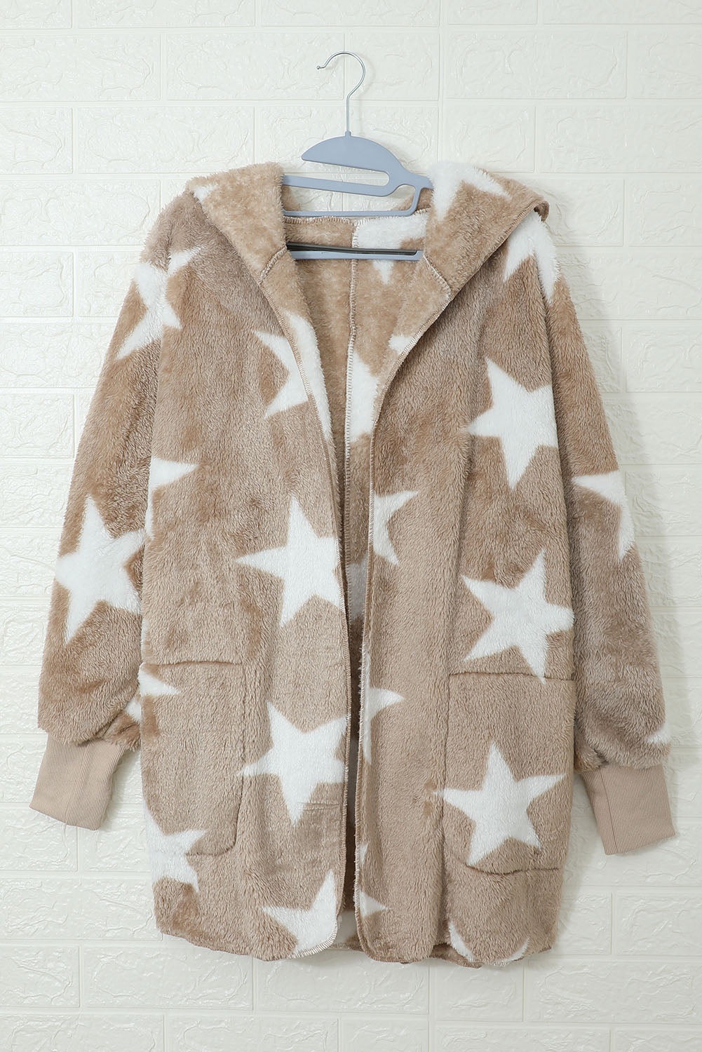 Lapel Collar Scatter Star Fuzzy Coat | Khaki