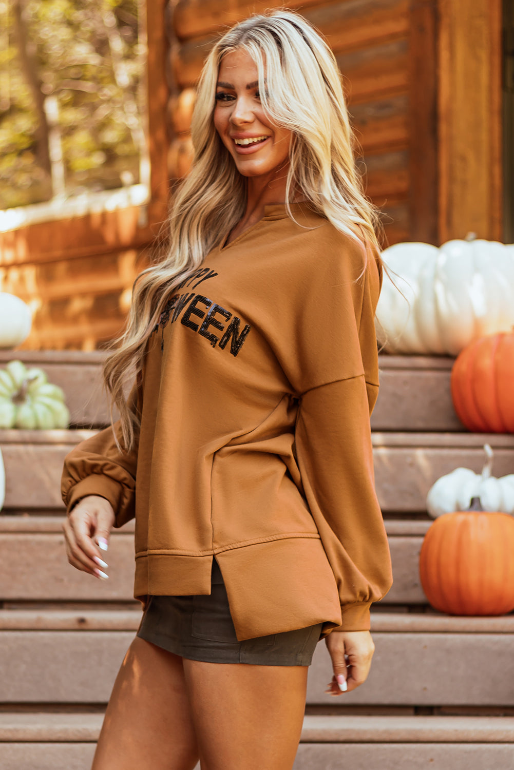 Sequin Happy Halloween Graphic Notched Neck Long Sleeve Loose Top | Chestnut