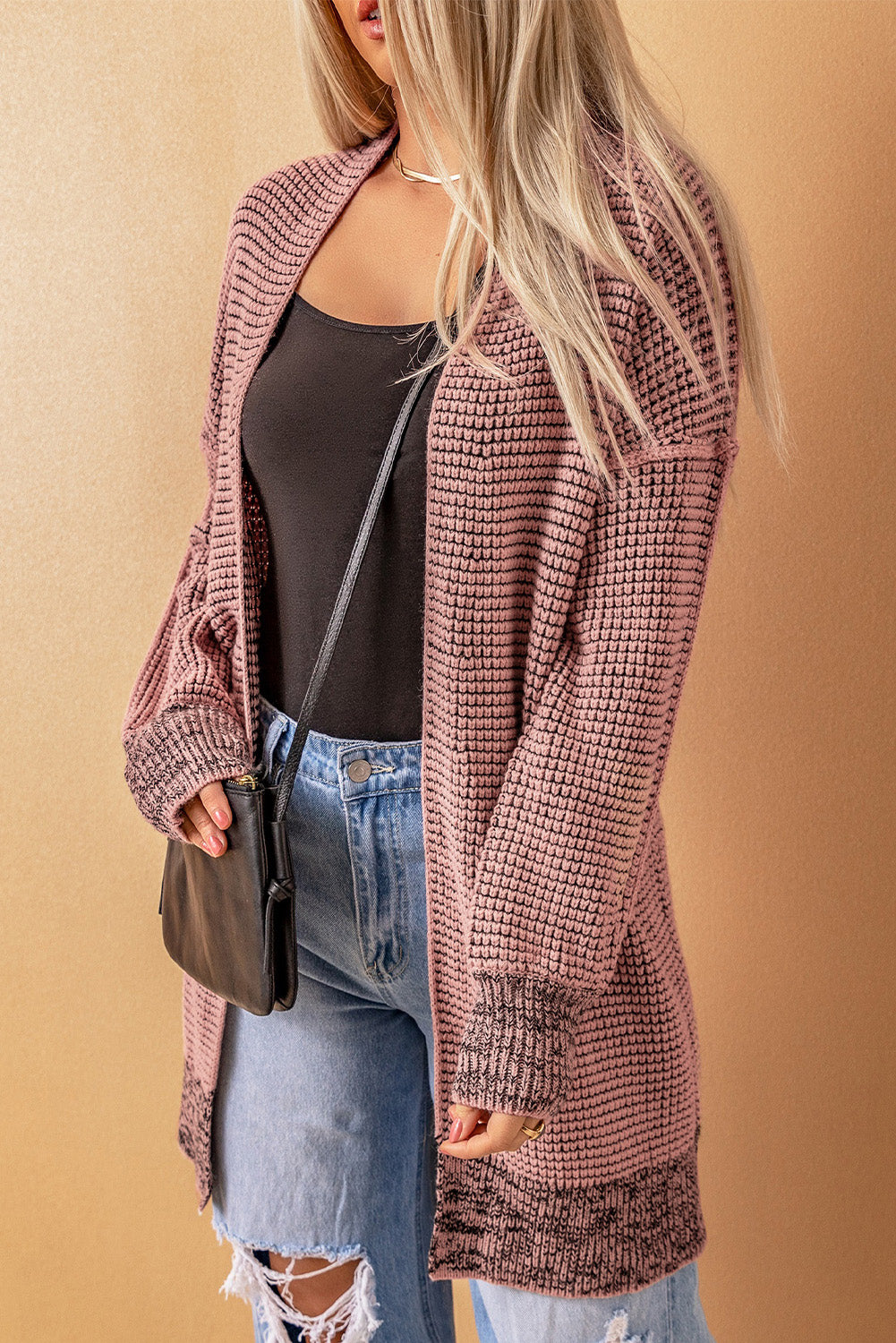 Plaid Knitted Long Open Front Cardigan | Pink