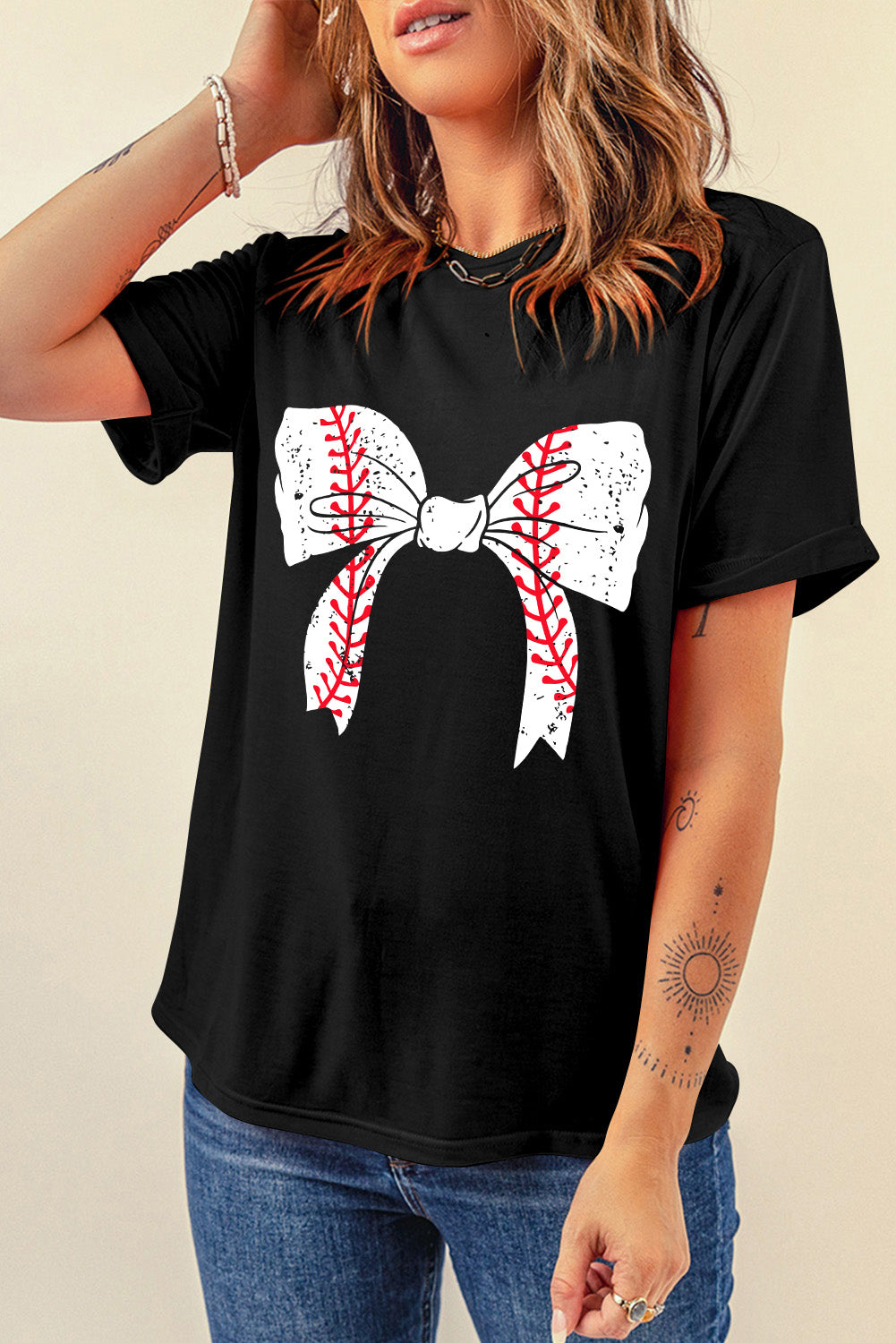 Baseball Bowknot Graphic Casual Tee | Black