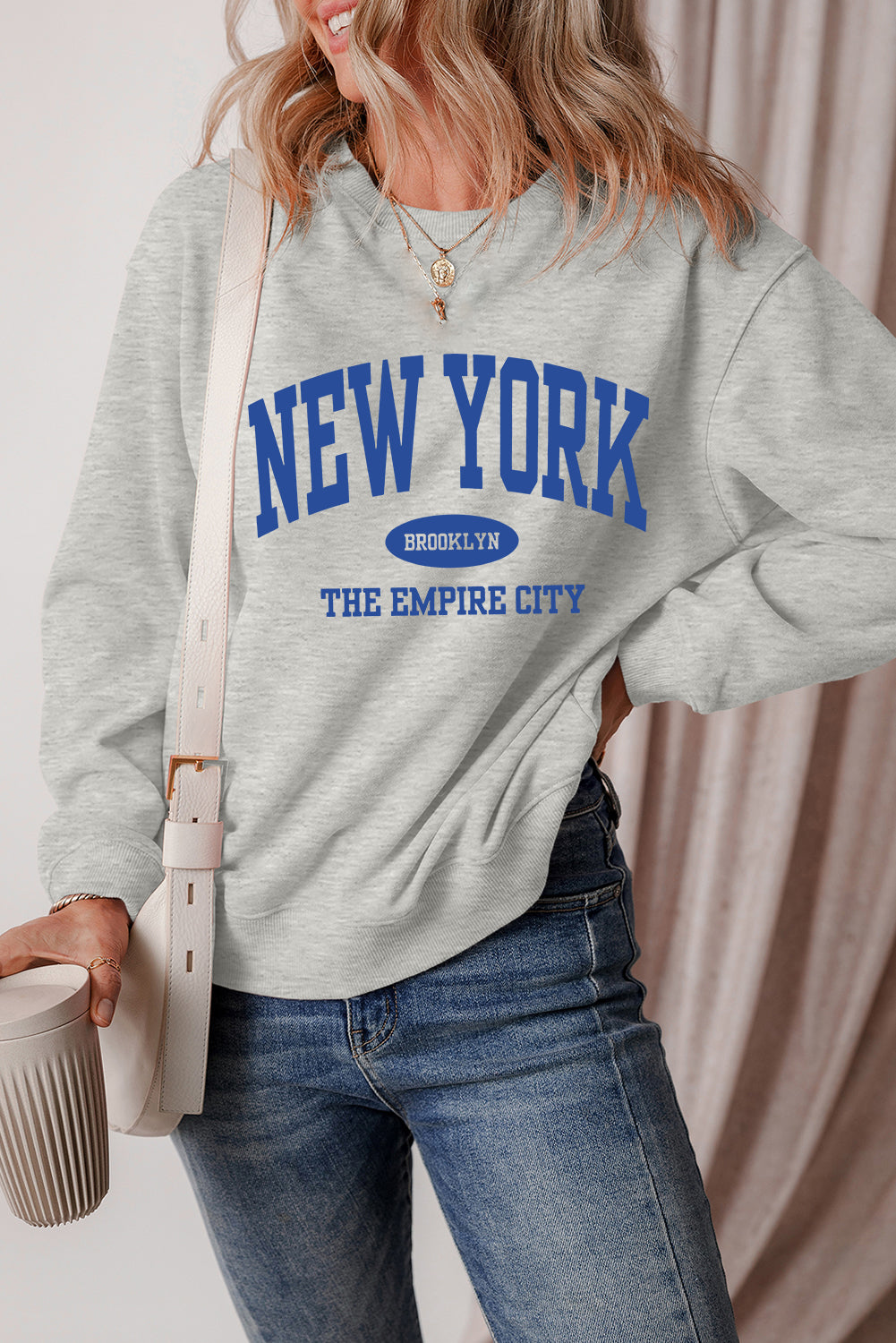 New York Letter Printed Round Neck Pullover Sweatshirt | Gray