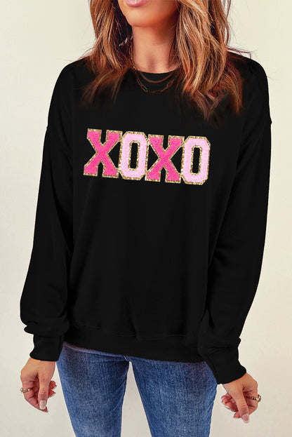 Chenille Xoxo Patched Drop Shoulder Valentines Pullover Sweatshirt | Black