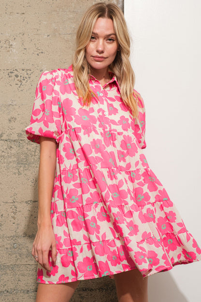 Floral Tiered Puff Sleeve Mini Shirt Dress | Pink