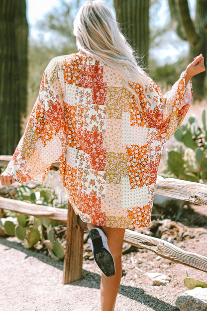 Boho Patchwork Floral Open Front Kimono | White