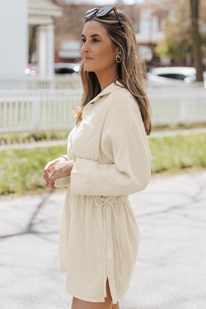 Button Pockets Drawstring Waist Dress | Beige