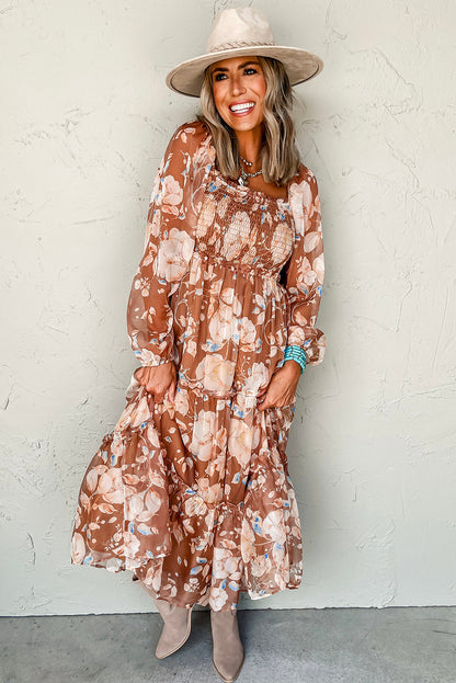 Floral Print Shirred Square Neck High Waist Maxi Dress | Brown