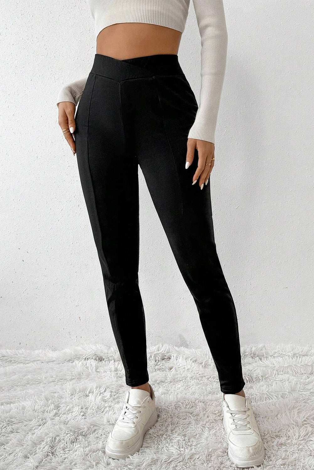 Crossed Waist Seamed Leg Thermal Leggings | Black