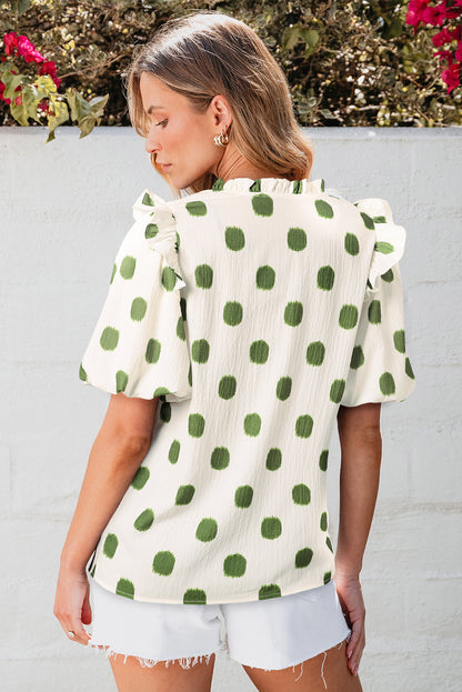 Polka Dot Print Shirred Yoke Notched Neck Balloon Sleeve Blouse | Apricot