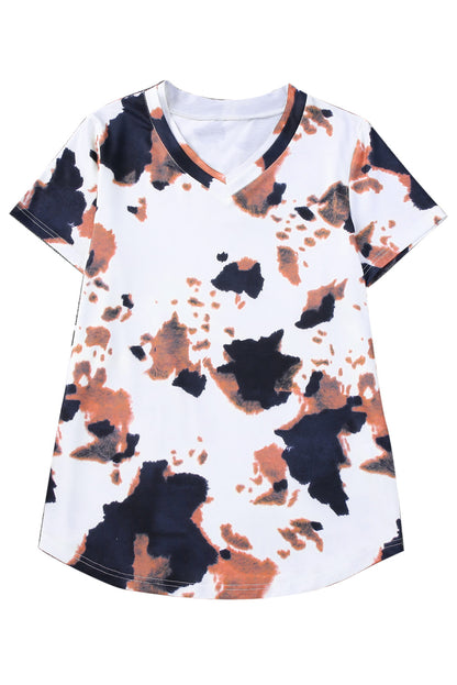 Cow Pattern Print Short Sleeve V Neck T Shirt | White