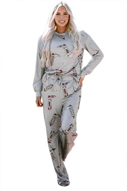 Cowgirl Boots Printed Long Sleeve Top Pants Lounge Set | Gray