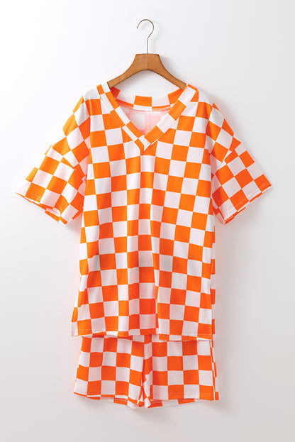 Checkerboard Print V Neck Loose Tee And Shorts Lounge Set | Orange