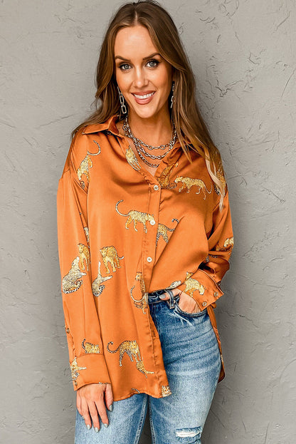 Cheetah Animal Print Button Up Satin Shirt | Russet Orange