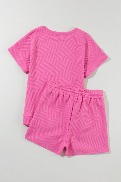 2 Piece Solid Textured Drawstring Shorts Set | Strawberry Pink