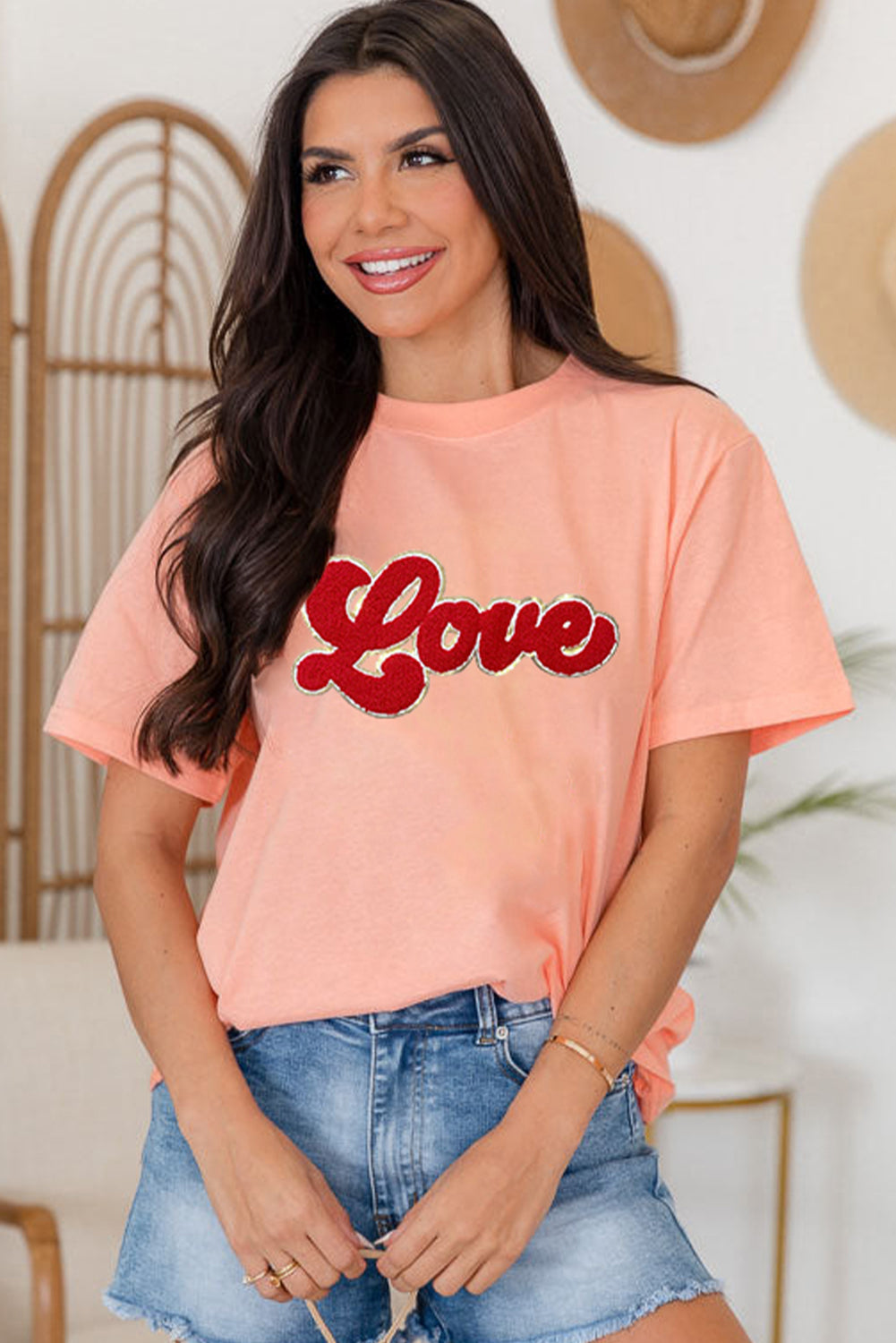 Chenille Love Patched Pattern Round Neck Valentines T Shirt | Pink